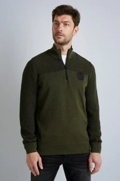 PME Legend Half Zip Trui Knitted Structuur Olijfgroen -Kleding Kortings Winkel 76274 3 1